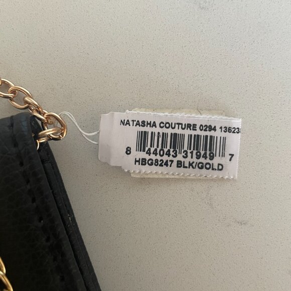 Natasha Couture Gold Chain Link, Black Leather Clutch / Crossbody, Snap Flap - Picture 5 of 8